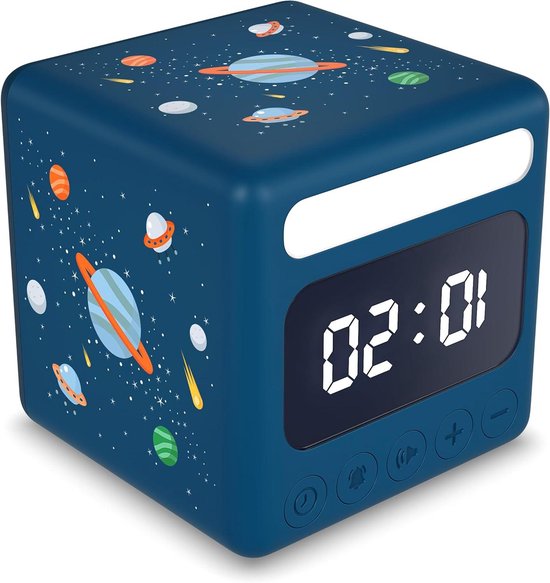 Kinderwekker Ruimtemotief - Kinderklok Analoog - Tijd Leren Lezen - Stil Zonder Tikkend Geluid - 10x10 cm - Blauw