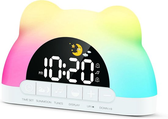 Kinderwekker - Slaaptrainer Klok - Gezonde Slaapgewoontes - 11 Kleuren Nachtlampje - RGB Licht - Wit