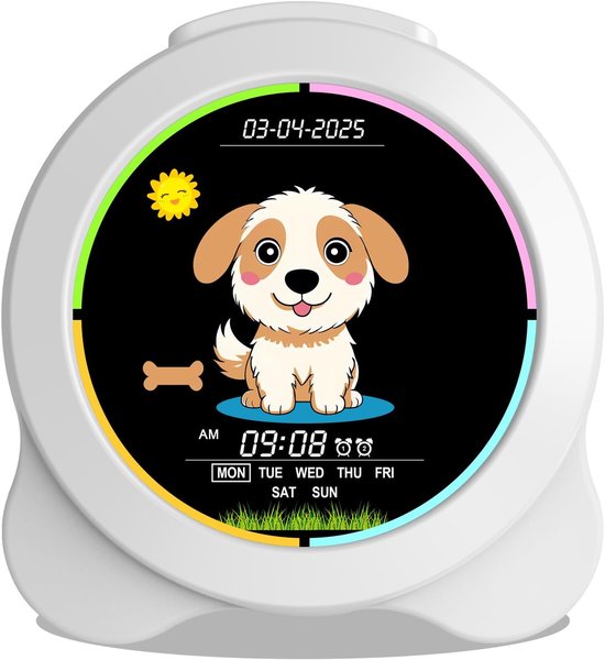 Kinderwekker - Slaaptrainer Klok - Tijd Leren - Zon Maan Hond - LED Display - Wit