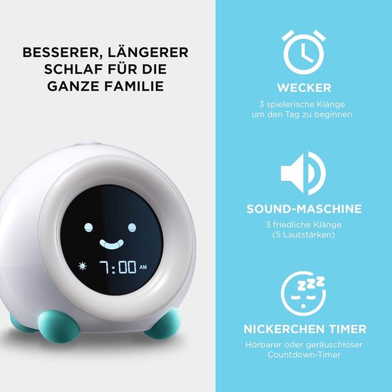 Kinderwekker Slaaptrainer - Nachtlamp Geluidsmachine - Kind Langer Slapen - Met Kleur En Mimiek - 11 cm Hoog - Blauw
