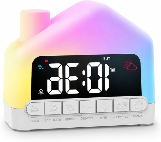 Kinderwekker Slaaptrainer - Nachtlampje Kinderkamer - Ondersteunen Routine - Zon Maan Symbool - RGB Kleuren - Wit