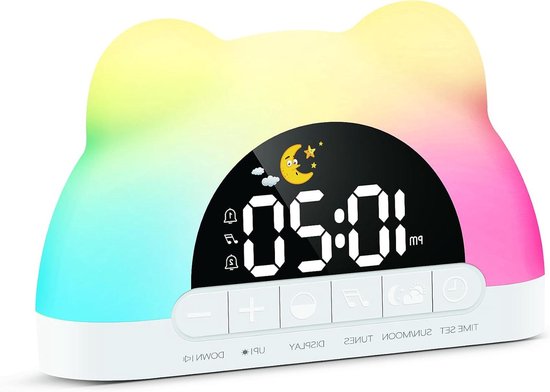 Kinderwekker Slaaptrainer - Peuter Klok - Kind Slapen Leren - 11 Kleuren Nachtlamp - Digitaal Display - Wit