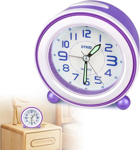 Kinderwekker Stil - Analoge Klok - Leren Wakker Worden - Zacht Nachtlampje - 10 x 5.9 cm - Paars