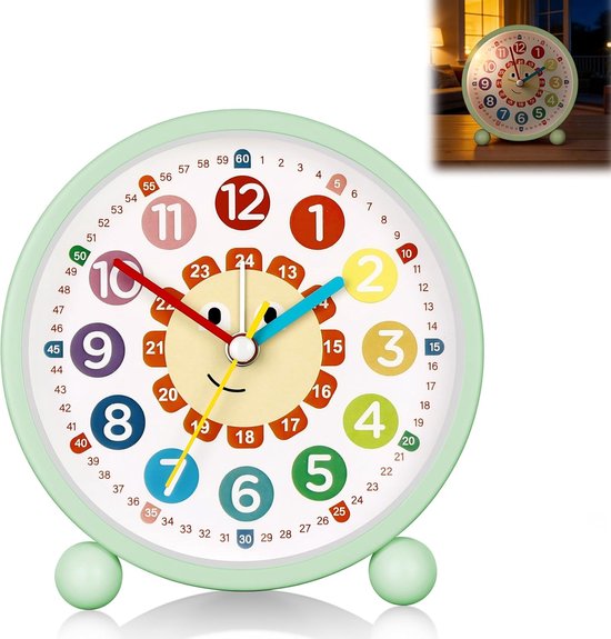 Kinderwekker Stil - Niet-tikkend Leerwekker - Kinderen Leren Klokkijken - Met Nachtlampje - 11 cm Diameter - Lichtgroen