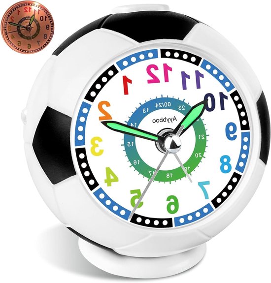 Kinderwekker Voetbal - Analoge Wekker - Tijd Leren - Stil Zonder Tikken - 8.5 x 3.81 x 8.5 cm - Multicolor