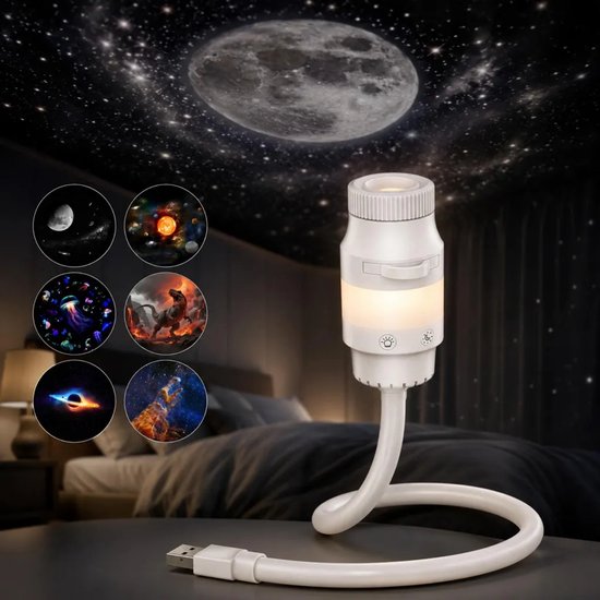 Kindvriendelijk, dimbaar LED-nachtlampje met sterrenhemelprojectie – 2-in-1 sterrenhemellamp, 360° flexibele verstelling, USB-slaaplampje met sterrenhemeleffect, inclusief 6 projectieslides.