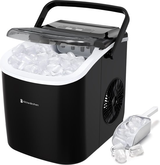 KitchenBrothers IJsblokjesmachine - 1.2L - IJsblokjesmaker - IJsschep – 12kg/24 uur – Draagbaar – Zelfreinigingsfunctie - Zwart van KitchenBrothers