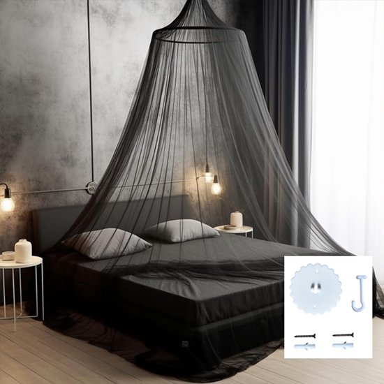 Klamboe 2 Persoons Zwart - Versleuteld Koepelvormig Muggennet - 1,8‑2m Bed - Enkele Deur - Geen Installatie - Slaapkamerdecoratie