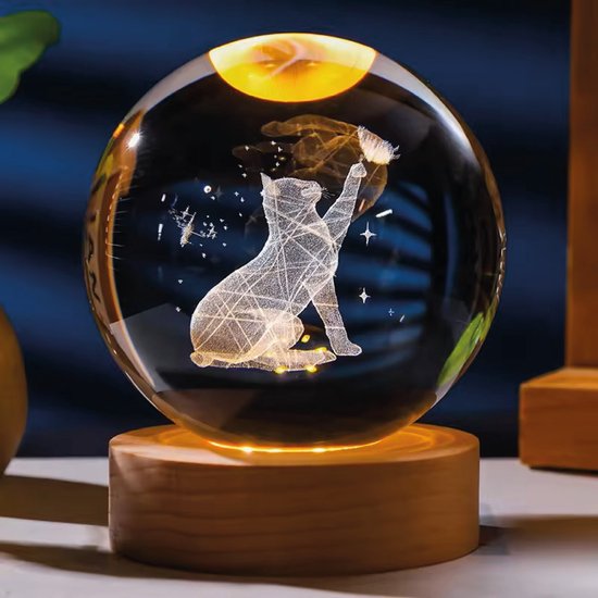 Klarigo® Nachtlamp – Kat - Poes - 3D LED Lamp – Glazen Bol – Warm Licht – Bureaulamp – Nachtlampje Kinderen – Creative lamp van Merkloos