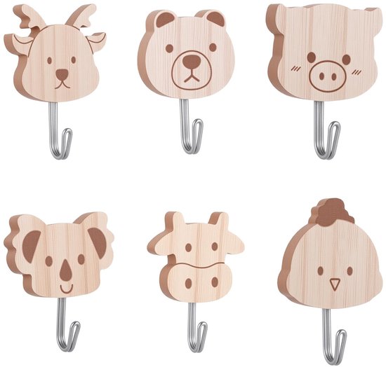 Kledinghaken dieren set van 6 - houten zelfklevend - schattige motieven - vrolijke decoratie voor kinderen - ShopVlot