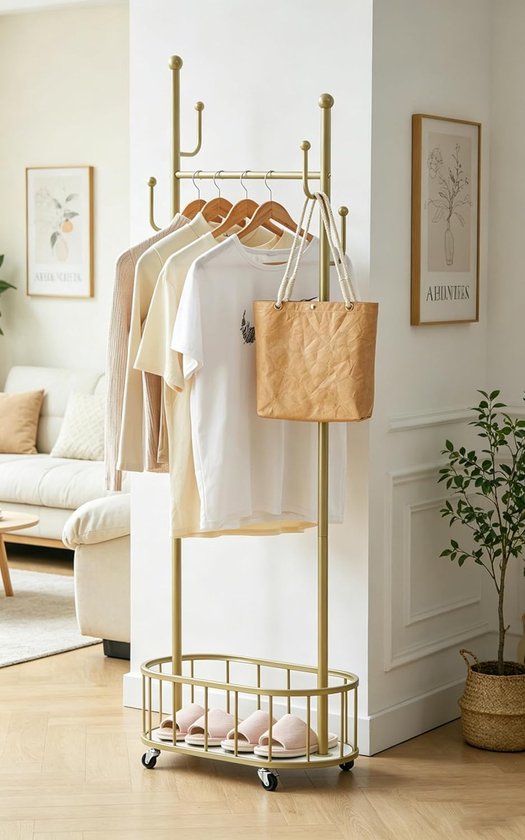 Kledingrek met wielen, Kapstok voor woonkamer, gang, slaapkamer, kantoor – Mobiele kapstok met 4 haken, 61x33.3x172cm, wit