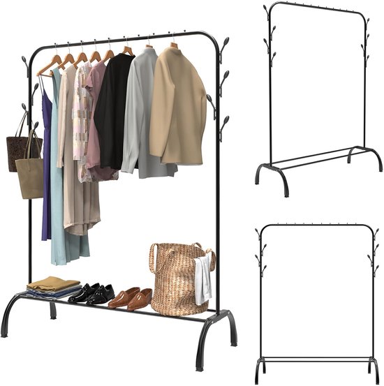 Kledingrek staand, 110cm kledingstandaard met schap en haken, metaal kledingrek voor kleding, jassen, tassen en schoenen, voor slaapkamer en hal