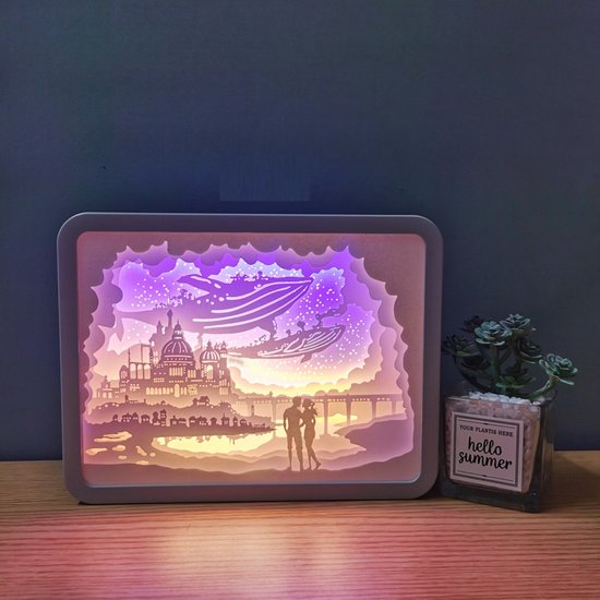 Kleur licht en schaduw papier snijwerk LED lamp/3D driedimensionale papier gesneden lamp/vouwen schaduw schilderij/anime cadeau decoratie/herdenkings verjaardagscadeau-walvis en stad van Merkloos