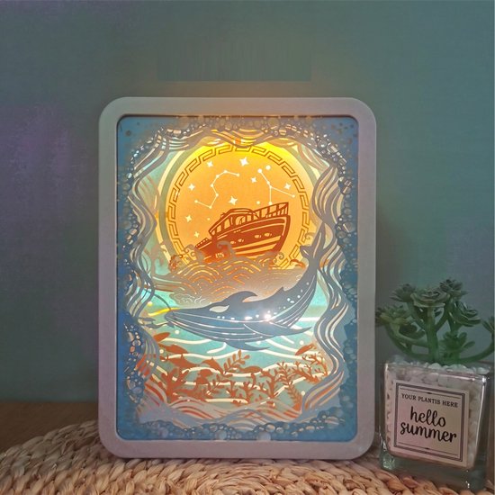 Kleur licht en schaduw papier snijwerk LED lamp/3D driedimensionale papier gesneden lamp/vouwen schaduw schilderij/anime cadeau decoratie/herdenkings verjaardagscadeau-walvis van Staronic