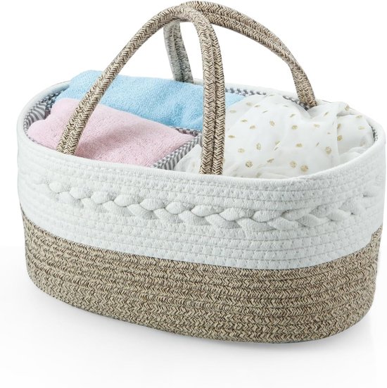 Kraammand - Baby Mand - Met drie vakken - Babyshower - Kraamcadeau meisje ofjongen - Mooi, praktisch en overzichtelijk - Wit en bruin