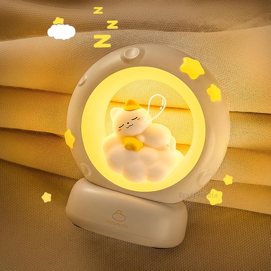Kraftverdia - Nachtlamp - Nachtlampje voor kinderen - Kat Nachtlamp - Bedlamp - Nachtlampje Baby - 3-niveaus Dimbaar - Dimbaar via aanraakbediening - Werkt op batterijen - Voor bureau, slaapkamer, babykamer - Cadeau van Kraftverdia™