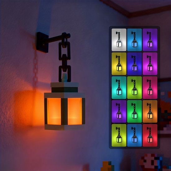 Kraftverdia - Pixellantaarn nachtlampje - Wandlamp Binnen - USB-Oplaadbaar - Nachtlampje met pixelverlichting en afstandsbediening - 16-kleuren LED wandlamp sfeerverlichting - Zwart van Kraftverdia™