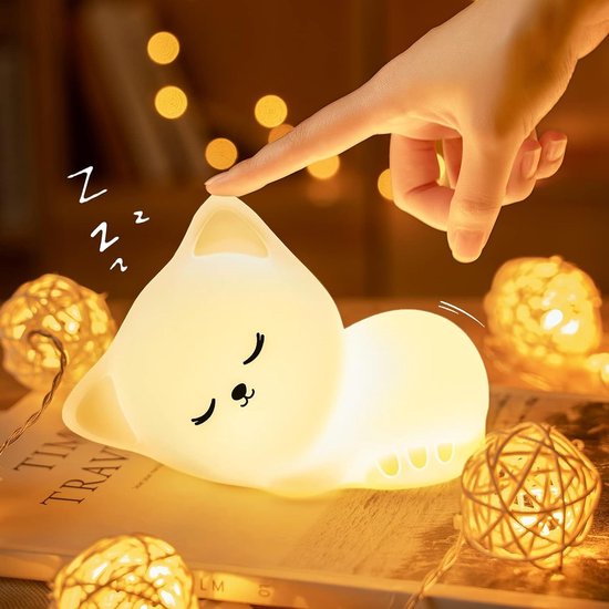 Kraftverdia Siliconen Nachtlampje voor Kinderen – LED Kattenlamp Nachtlamp met USB-Oplaadfunctie en Timer – Aanraakschakelaar – 3 Standen Instelbare Helderheid – Kinderkamerdecoratie van Merkloos