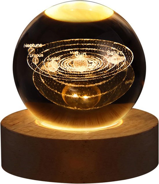 Kristallen Bol Nachtlampje - 6 cm - Zonnestelsel Design - Lichtgevende Sfeerverlichting voor Slaapkamer en Woondecoratie