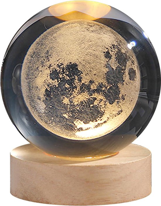 Kristallen bol-nachtlampje - astronomie led-ballamp met houten sokkel - USB-oplaadbaar - zonnestelsel planeet glazen bol verjaardagscadeau voor kinderen - tafelfeestdecoratie - 6 cm van Merkloos