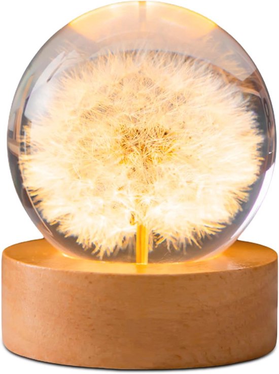 Kristallen Bol Nachtlampje met Paardenbloemen – LED Glazen Bal met Houten Sokkel voor Huisdecoratie van Merkloos