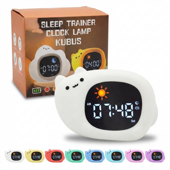 Kubus slaaptrainer kat - kinderwekker - nachtlamp voor kinderen - white noise - 3 in 1 - wake up light functie - digitale kleurenscherm van Merkloos