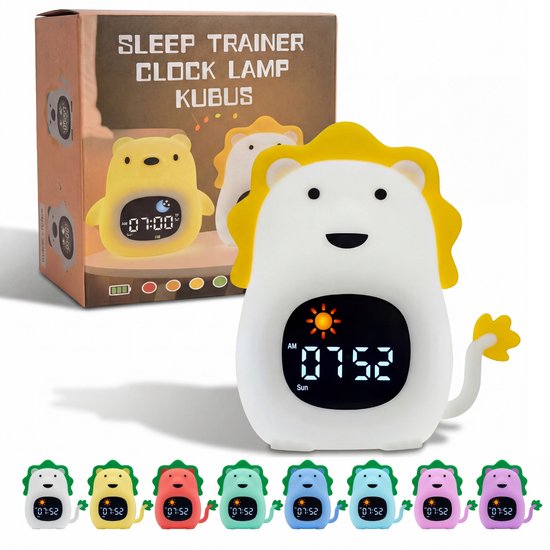 Kubus slaaptrainer leeuw - kinderwekker - nachtlamp voor kinderen - white noise - 3 in 1 - wake up light functie - digitale kleurenscherm van Merkloos