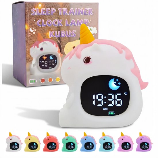 Kubus slaaptrainer Unicorn - kinderwekker - nachtlamp voor kinderen - white noise - 3 in 1 - wake up light functie - digitale kleurenscherm van Merkloos