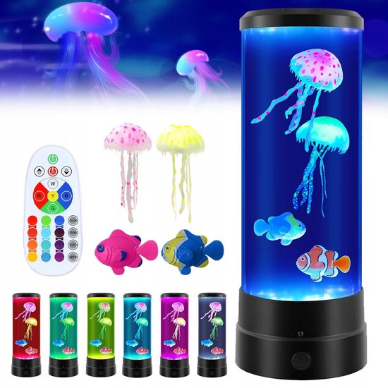 Kwallenlamp Met 17 Kleurwisselende Standen En 4 Lichtmodi – 2 Kwallen En 2 Vissen Met Borstelloze Motor – USB-Voeding – Rustgevend Aquarium-Sfeerlicht – Zwarte Voet, 28,5 cm van JIMUYU