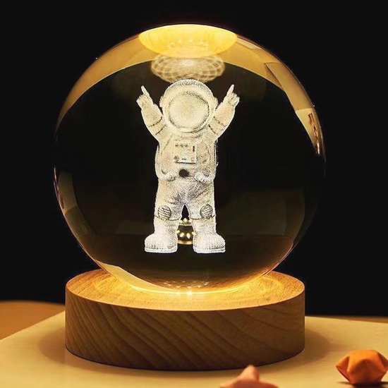 Kytpyi Nachtlampje, maanlamp, 3D-gravure, nachtlampje voor kinderen en volwassenen, met led, 1 houten sokkel, 1 geschenkdoos, creatieve transparante kristallen bol voor cadeau, decoratie (kosmonaut)