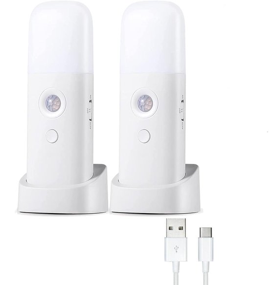 KZQ Bewegingssensor Nachtlampje met Oplaadbare Batterij – Draadloze Tafellamp met 5 Dimstanden voor Kinderkamer, Slaapkamer, Badkamer of Gang – Wit licht, 2 Stuk van KZQ