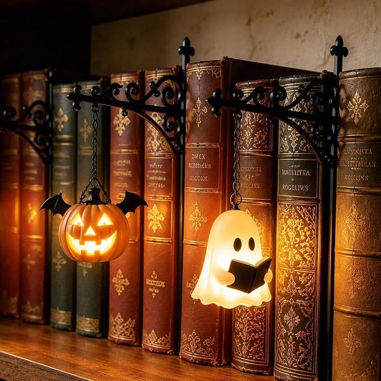 KZQ Boekenplank Lamp - 2 Stuks - Halloween Decoratie - Nachtlamp - Leeslamp - Vintage Lantaarn - Met Spook & Pompoen - Warm LED Licht - Op Batterijen - Voor Boekenkast Slaapkamer - Zwart van KZQ