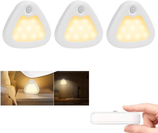 KZQ Draadloze LED Lamp met Bewegingssensor en Dag Nacht Sensor, Set van 3, Driehoekige Kastverlichting, Warm Wit 3200K, Magnetisch, voor Kinderkamer, Slaapkamer, Gang, Toilet
