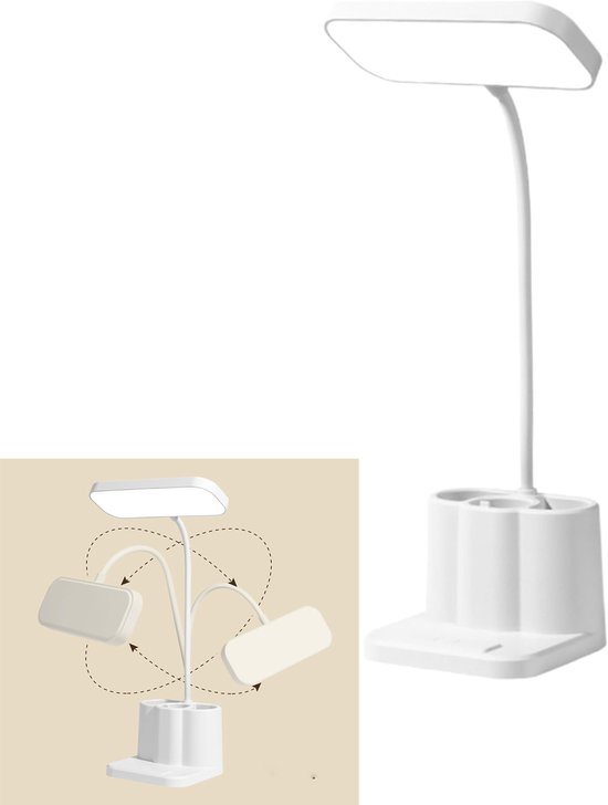 KZQ LED bureaulamp met 3 kleurstanden en pennenhouder – Oogvriendelijk en instelbare hoek – Ideaala voor studenten en slaapzaal – 4000 – Wit