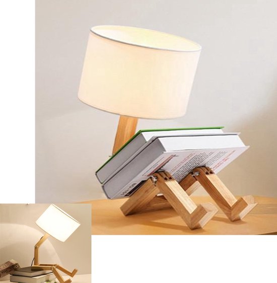 KZQ Schattige bureau- en leeslamp met houten basis - Veranderbare robotvorm - Linnen kap - Perfect voor slaapkamer kinderkamer en woonkamer - Creatief en functioneel ontwerp