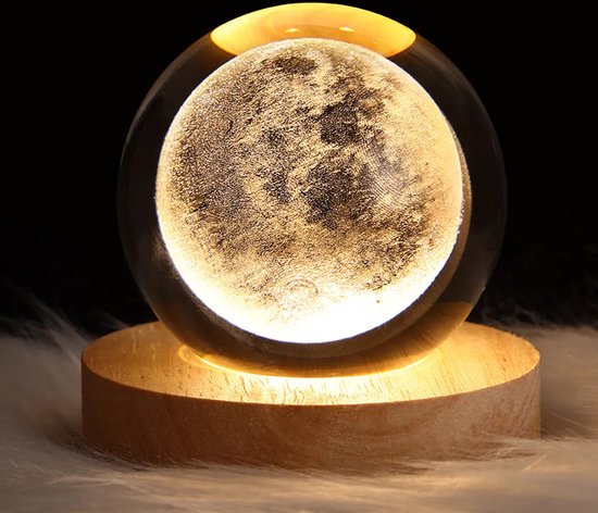 LAMON® LED Kristallen Tafellamp - USB 3D Maan Galaxy Globe Nachtlampje - Kinderen Kerst Decoratie Cadeau (Maan) van LAMON