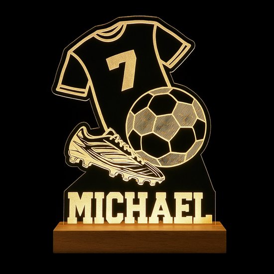 Lamp Voetbal met Naam – Gepersonaliseerd met eigen naam en gekozen rugnummer - Cadeau voor Kinderen & voetballiefhebbers - 11,5cm breed en 16cm hoog - voeding via USB - transparant doorzichtige lamp van Merkloos