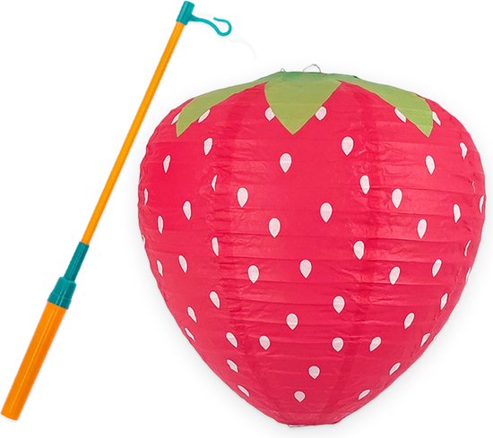Lampion - Sint Maarten - Lampionstokje - Met Lichtje - Aardbei - Treklampion - Papier - Kind - Rood - Versiering - 1 Stuk