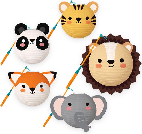Lampion - Sint Maarten - Lampionstokje - Met Lichtje - Dieren - Treklampion - Papier - Kind - Wit - Versiering - 5 Stuks van BTH