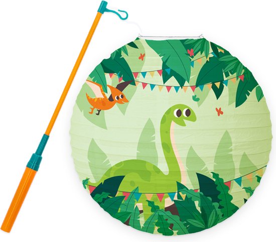 Lampion - Sint Maarten - Lampionstokje - Met Lichtje - Dino - Treklampion - Papier - Kind - Groen - Versiering - 1 Stuk