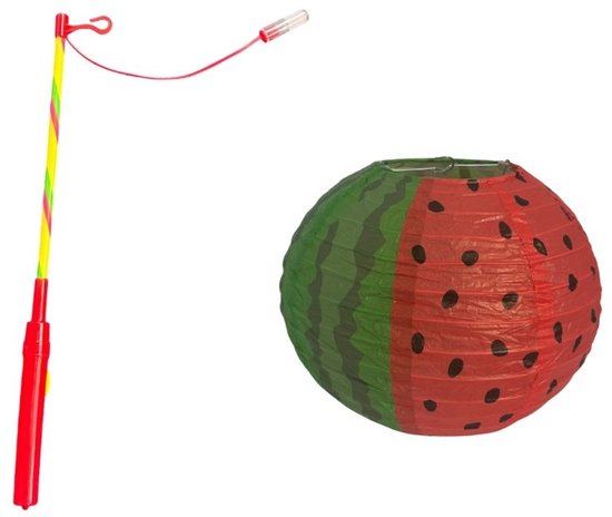 Lampion Watermeloen - Incl. Lampionstok met lichtje - 24x20cm groot - Papier - Rood en Groen - Sint Maarten - Lampionnen Optocht
