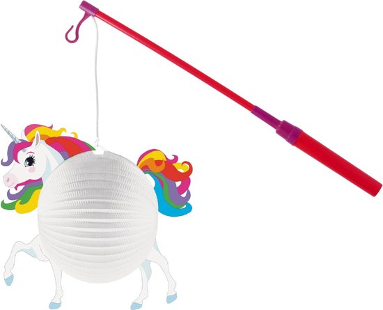 Lampionstokje 40 cm - met eenhoorn lampion - wit - D25 cm - Sint Maarten