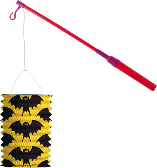 Lampionstokje 40 cm - met vleermuis lampion - geel/zwart - D25 cm - Sint Maarten