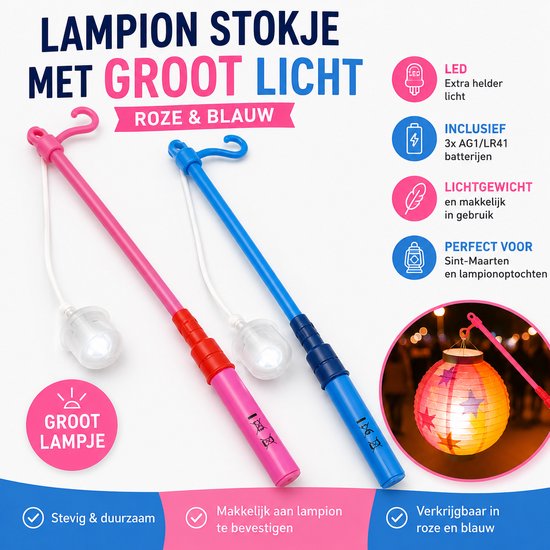 Lampionstokjes met LED Licht – Roze & Blauw – Set van 2 – Inclusief Batterijen – Sint Maarten
