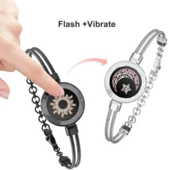 Lange Afstand Touch Armbanden met Verlichting en Trilling voor Stelletjes - Slimme Sun & Moon Liefdesarmbanden in Zilver en Zwart - Perfecte Cadeaus voor Relaties op Afstand, Digitale Armbanden voor Koppels van Merkloos