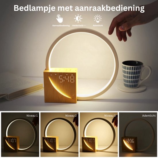 Led-bedlampje met Wekker, USB-oplaadaansluitingen, Touchscreen, Dimbaar, Wake-up light met Twee Alarmen, 10 Natuurlijke Geluiden voor Volwassenen en Kinderen, 3 Helderheidsniveaus voor Slaapkamer van Gingko