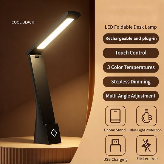LED-bureau- en bedlamp – Oogbeschermend – Aanraakbediening – 3 dimniveaus – 3 kleurmodi – 120° inklapbaar – 1200 mAh-accu – Oplaadbaar via USB – Hoogte: 28 cm – Zwart