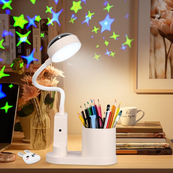 LED Bureau Lamp voor Kinderen met Sterrenprojectie - Draadloze Tafel Lamp met Pennenhouder en Oplaadbare Leeslamp