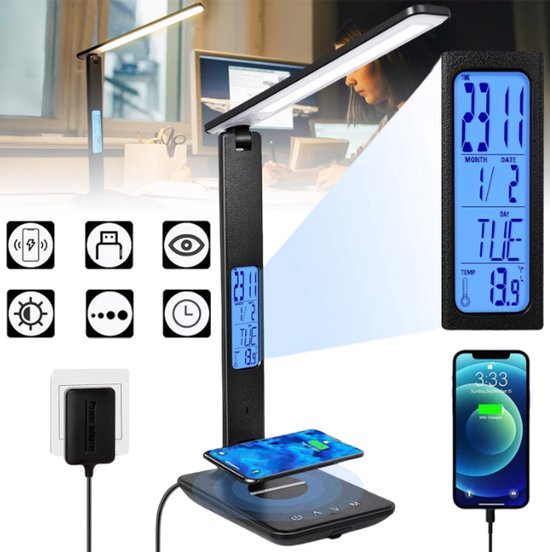 Led bureaulamp - Bureaulamp Met Draadloze Oplader - TENZHVXI® - Oogbescherming Zonder Flikkering - Multi-as Rotatie En Dimbaar - Lcd-klok Met Temperatuurweergave - Inclusief Usb-poort - Ideaal Voor Thuiswerkplek En Studentenkamer