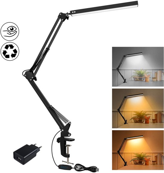 LED-bureaulamp – Met clip – Dimbaar – Leeslamp – 3 lichtkleuren – 10 helderheidsniveaus – Geschikt voor bureaus, slaapkamers en werkplekken – 10W – 5V/2A directe stekker – Zwart